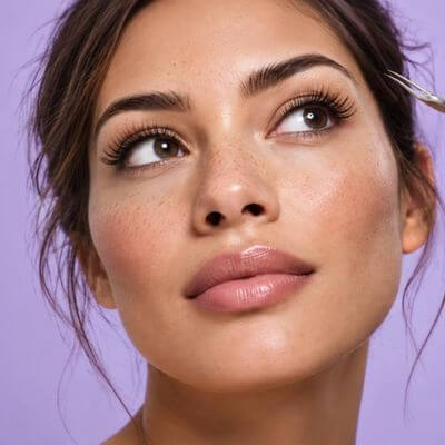 girls face with long lashes tweezers in hand